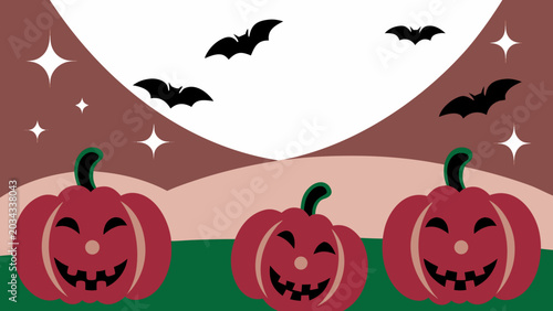 Illustration of halloween scene with three pumpkins bats stars and a moon in the night sky on transparent background silhouette