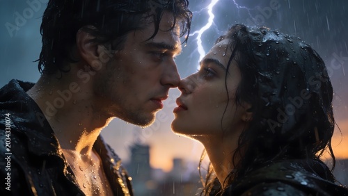Intense romantic couple sharing an intimate moment in heavy rain with lightning in background. Dramatic cinematic shot of young man and woman about to kiss during a powerful summer storm