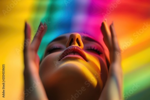 Artistic close-up of a woman's serene face illuminated by colorful rainbow lighting, creating a vibrant and dreamy atmosphere