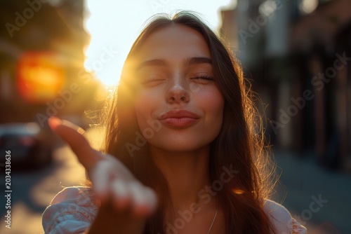 Cheerful woman blowing a kiss, standing outdoors at sunset creating a cozy, romantic mood