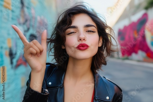 Close-up of Romantic Pretty Young Woman Blowing a Kiss in Urban Setting