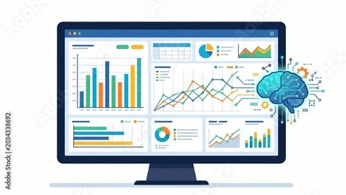 Business intelligence and AI data analytics dashboard vector illustration