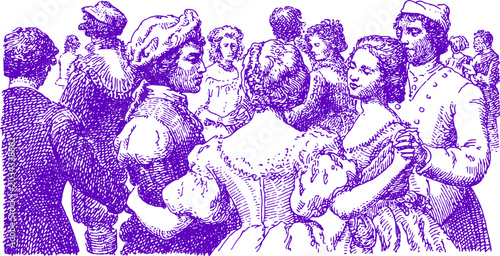 Vintage dance illustration featuring couples in formal attire. A historical depiction in purple, this hand-drawn vector illustration captures a celebratory social event.