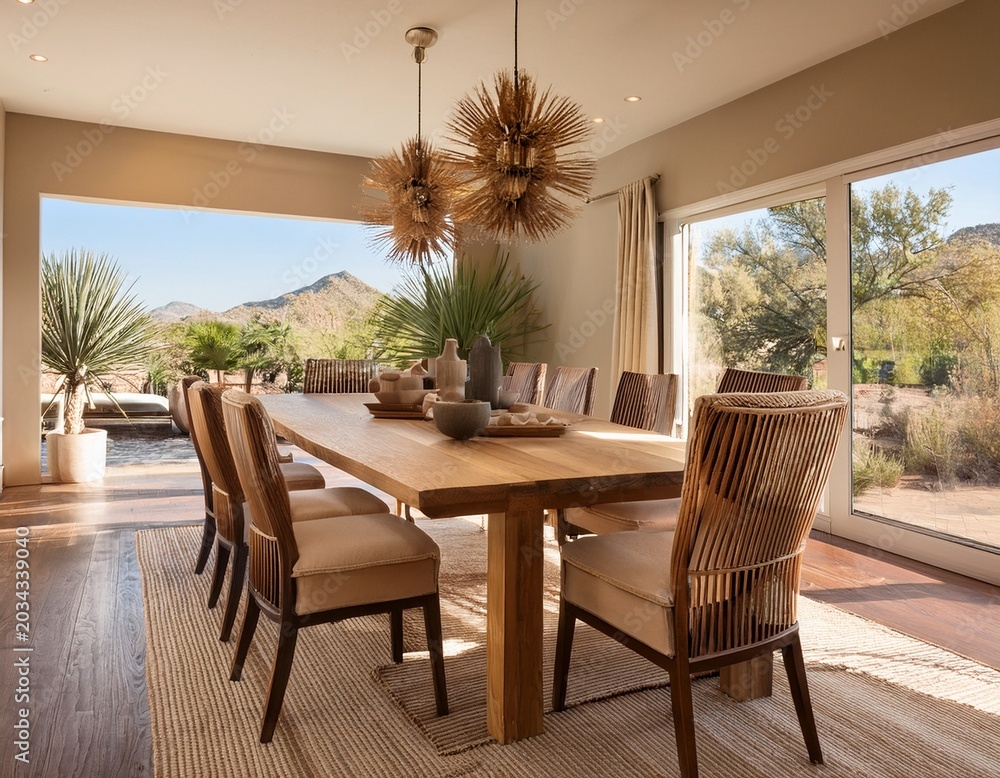 Obraz premium elegant wood dining table with plush chairs in a spacious modern dining room located in scottsdale arizona