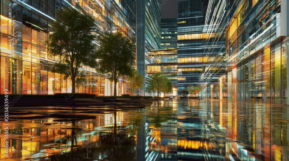 Fototapeta premium Reflective Night Cityscape with Modern Business Architecture and Vibrant Lights in Urban Landscape