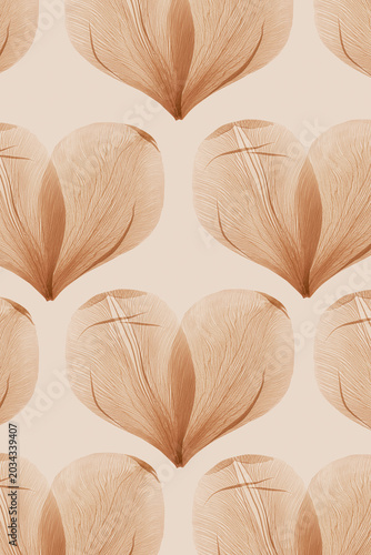 Delicate flower petals as heart shapes, minimalist neutral colored pattern on soft beige background. Concept of love, tenderness, and romance, holiday greetings for Valentine Day, wedding invitations.