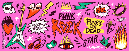 Photos Punk rock emo doodle set with guitar, fire heart, music symbols and handwritten typography in colorful grunge style on pink background