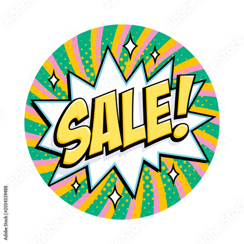 Round sale sticker in vibrant comic style with bold yellow lettering on white...