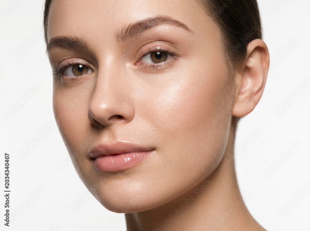 Fototapeta premium Close-up beauty portrait of a young woman with natural glowing skin and clean makeup, isolated on white background