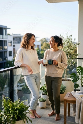Two young women laughing and talking while holding coffee mugs on a modern apartment balcony filled with green plants