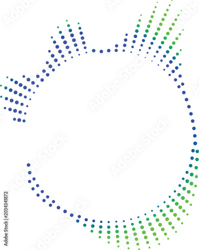 Abstract circular pattern with blue and green dots on a white background