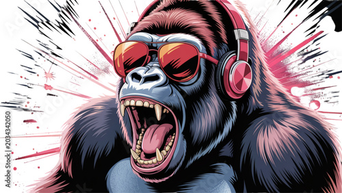 Cool gorilla wearing red sunglasses and headphones listening to music Vector