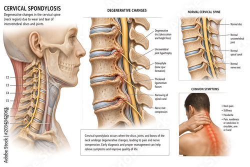 A person experiencing neck pain due to cervical spondylosis with degenerative changes in the cervical spine and nerves.