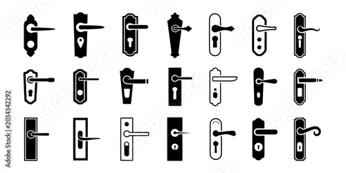 Doorknobs set with various designs and styles in black and white featuring door handles, collection, home with interior and design elements for