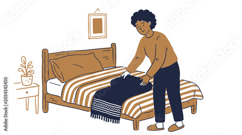 Cuadro en lienzo A dark-skinned man in casual attire making his bed with a throw blanket in a cozy bedroom setting with a nightstand and a framed picture on the wall