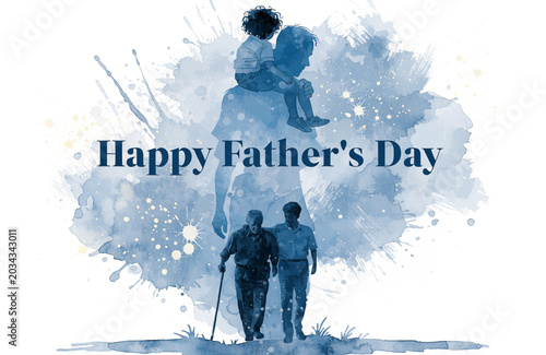 Happy Father's Day Watercolor Illustration of Father, Son and Elder Father Walking Together