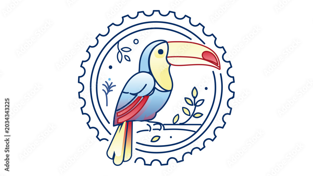 Obraz premium Colorful toucan bird vector illustration in a circular stamp emblem. Clean line art with editable stroke, adjustable stroke, customizable, stroke weight, line weight, thin line, and stroke weight.