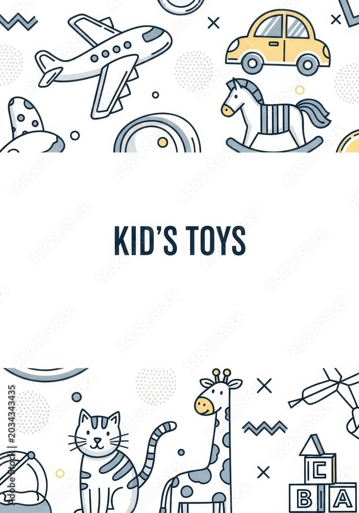 Naklejka premium Kids Toys Illustration Background with Airplane Car Rocking Horse Giraffe and Cat for Children's Design and Posters
