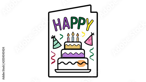 Colorful birthday greeting card vector icon with editable stroke, featuring a three-tiered cake with candles, party hats, and confetti, adjustable line weight for custom celebration designs.