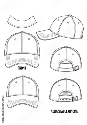 Baseball Cap Technical Drawing Template with Front Side and Back Views for Apparel Design and Manufacturing