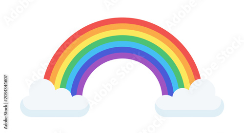 A vibrant, multi-colored rainbow arches gracefully across a clear white background, bordered by fluffy white clouds on either side, signifying hope and good fortune.