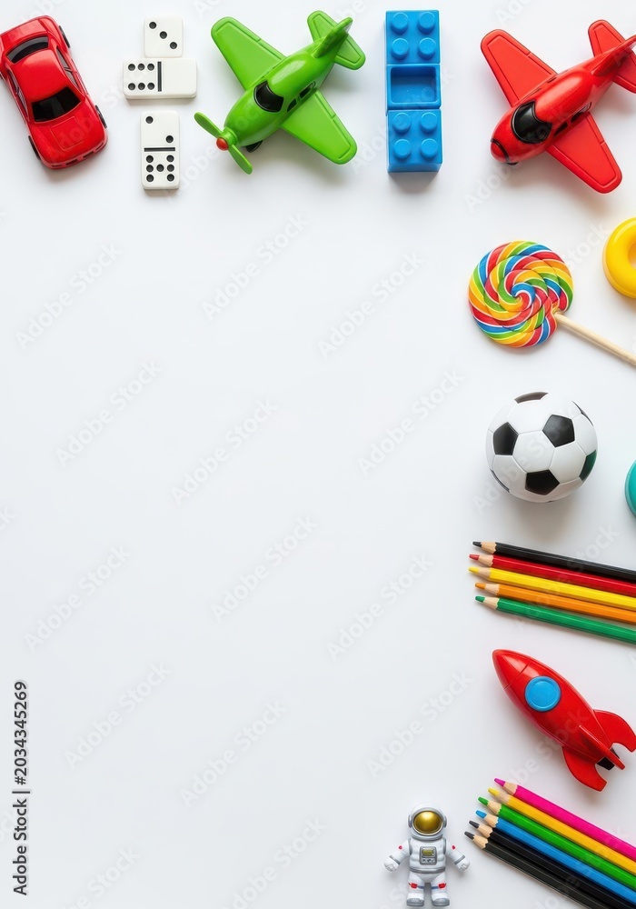 Naklejka premium Colorful Children's Toys and School Supplies Frame on White Background with Copy Space for Text