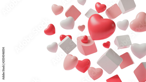 Floating 3d red and pink hearts with geometric cubes for valentine day celebration Vector