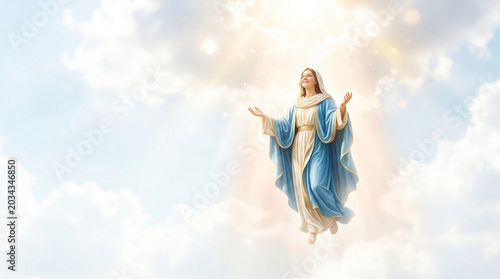 Virgin Mary ascending to heaven surrounded by clouds and light  