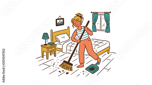 Bilde på lerret Woman sweeping floor with broom and dustpan in cozy bedroom with bed lamp and curtains performing morning household chores domestic duties and cleaning routine