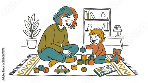 Smiling mother and little child engaged in playing with wooden toys on colorful rug in cozy living room with bookshelf and plant Naive vector