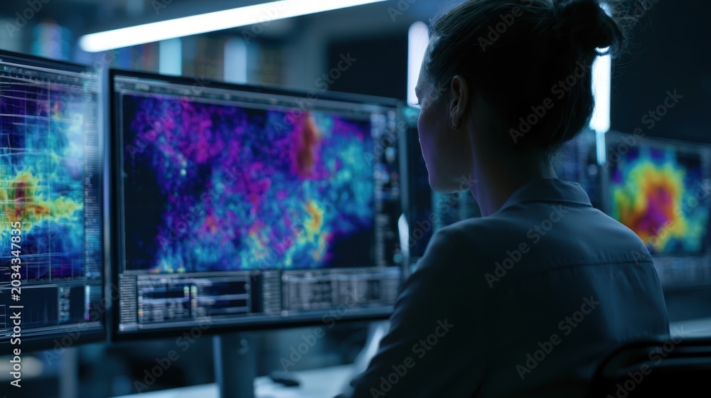 Obraz premium Modern office setting with clean lighting emphasizing an analyst and colorful heat maps on screen capturing a realistic wide shot with ample copy space.