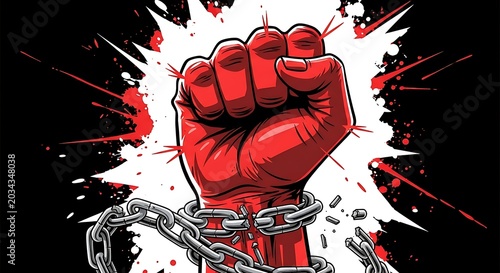 Clenched Fist Breaking Chains in Dramatic Red and Black Explosion Background