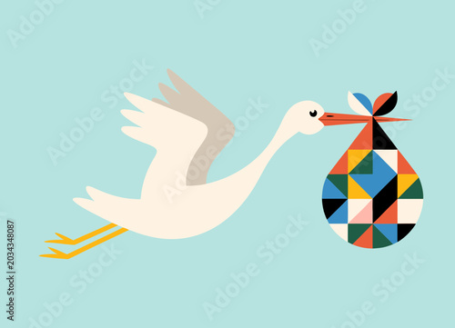 A minimalist illustration of a white stork in flight against a light turquoise background