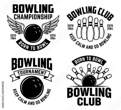 Bowling club championship logo set with ball skittles and wings