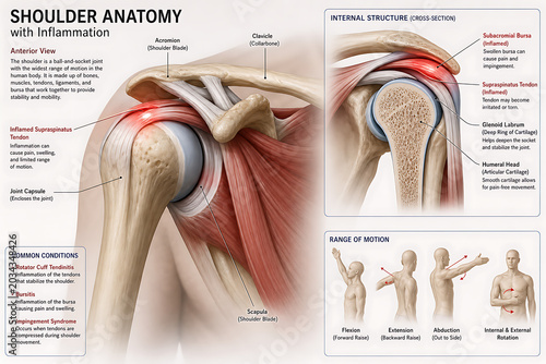 The human shoulder joint shows detailed anatomy with inflammation and various structures labeled.