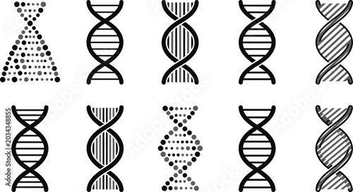 Foto Vector Icon Set Featuring Various DNA Helix Strands and Genetic Molecule Shapes in Dotted and Line Styles for Biotechnology, Medical Research, and Genealogy