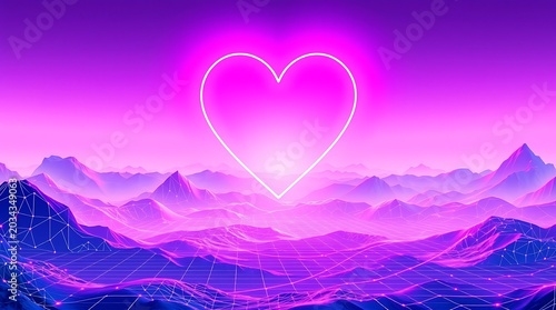 Vaporwave Glowing Heart with Cyber Grid Background