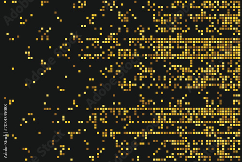 Konstfotografi Golden square pixels dispersing on dark background, abstract pattern texture squ