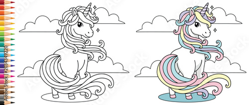 Foto Unicorn standing in front of soft clouds with a beautiful wavy mane for a magica