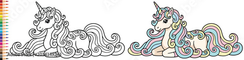 Konstfotografi Unicorn resting on the ground with a beautiful wavy mane and tail for a magical
