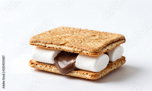 toasted marshmallow chocolate gooey center sits atop flat white surface soft diffused studio lighting highlights textures