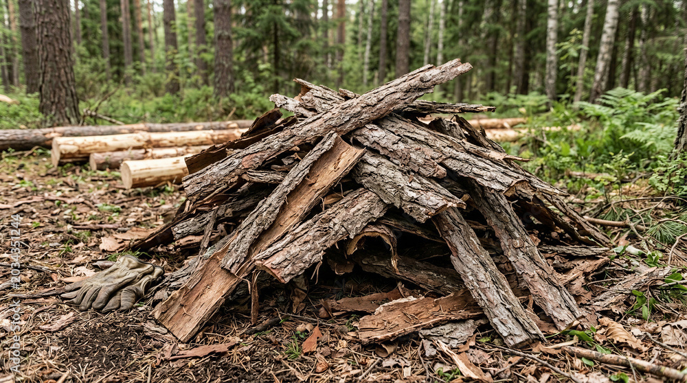 Fototapeta premium Wooden bark pile in a tranquil forest setting