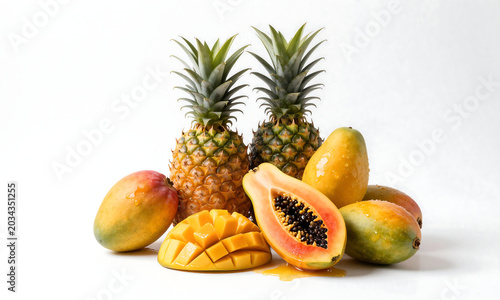 vibrant colorful tropical fruits pineapples mangoes arranged pyramid shape white studio backdrop slight soft