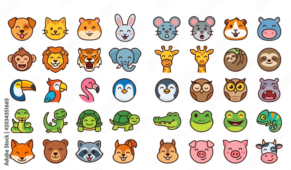 Fototapeta premium Animal emoji icon collection vector with cute birds reptiles and mammals emoticon faces