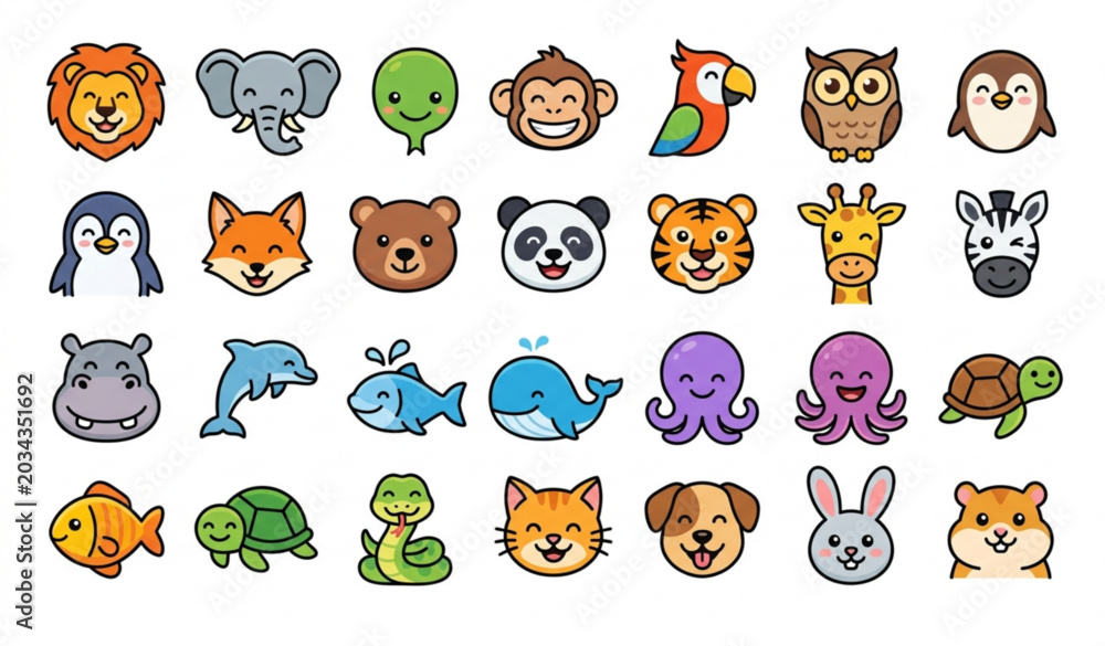 Obraz premium Large animal emoticon vector pack with cartoon bird reptile and mammal icon characters