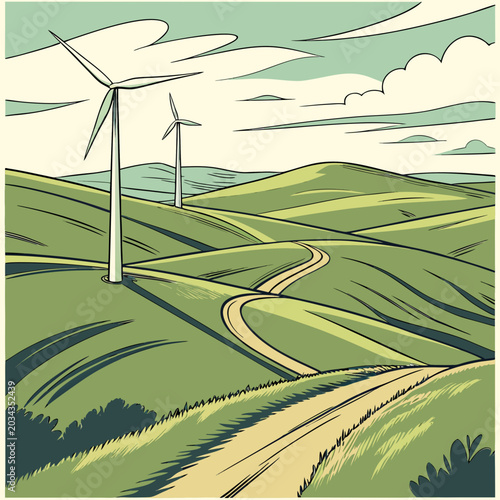 Foto Wind turbines generating clean energy on rolling green hills with a winding path