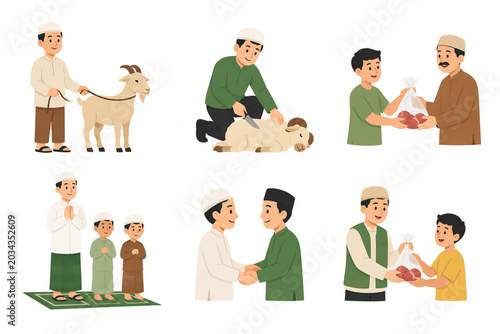 islamic family praying and celebrating Eid al-Adha with slaughtering goats and cows
