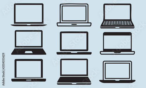 Collection of Laptop Icons and Illustrations on a Light Blue Background