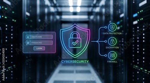 Cybersecurity data protection interface in server room, digital shield and login icons on blurred data center background, network security concept