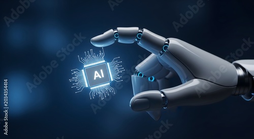 Robotic hand interacting with a digital artificial intelligence microchip on a dark background.